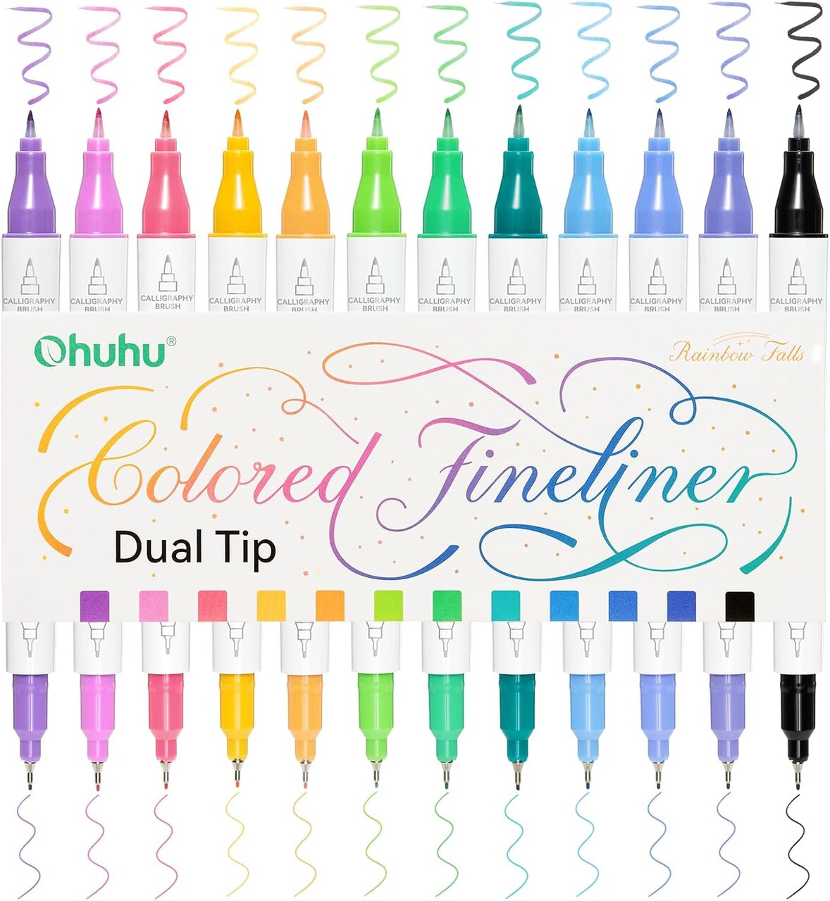 Ohuhu Brush & Fineliner Dual Tips Colored Drawing Pens, 12 Colors Waterproof & Alcohol-proof Calligraphy Brush Micro Pens for Adults, Artists & Beginners Drawing Sketching Bullet Journal Outlining